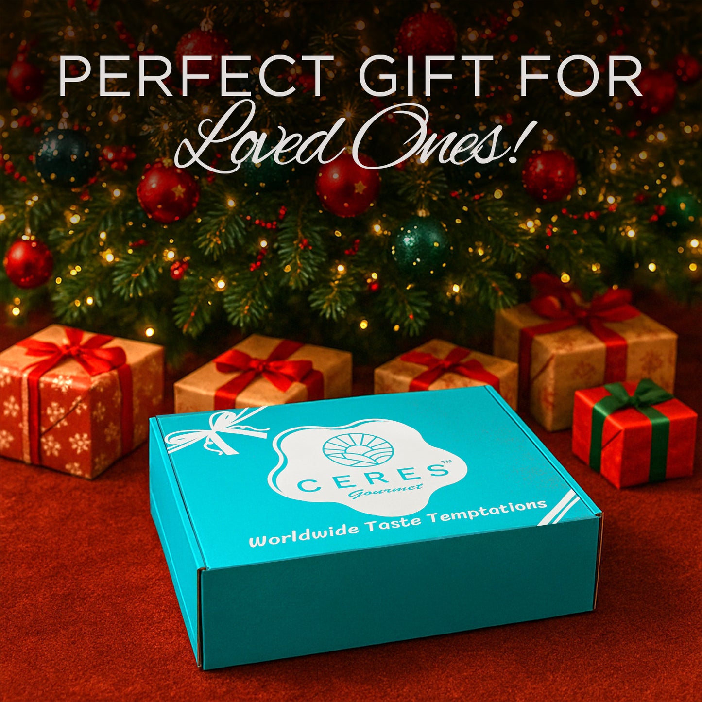 Ceres Gourmet gift box in front of a decorated Christmas tree with presents.
