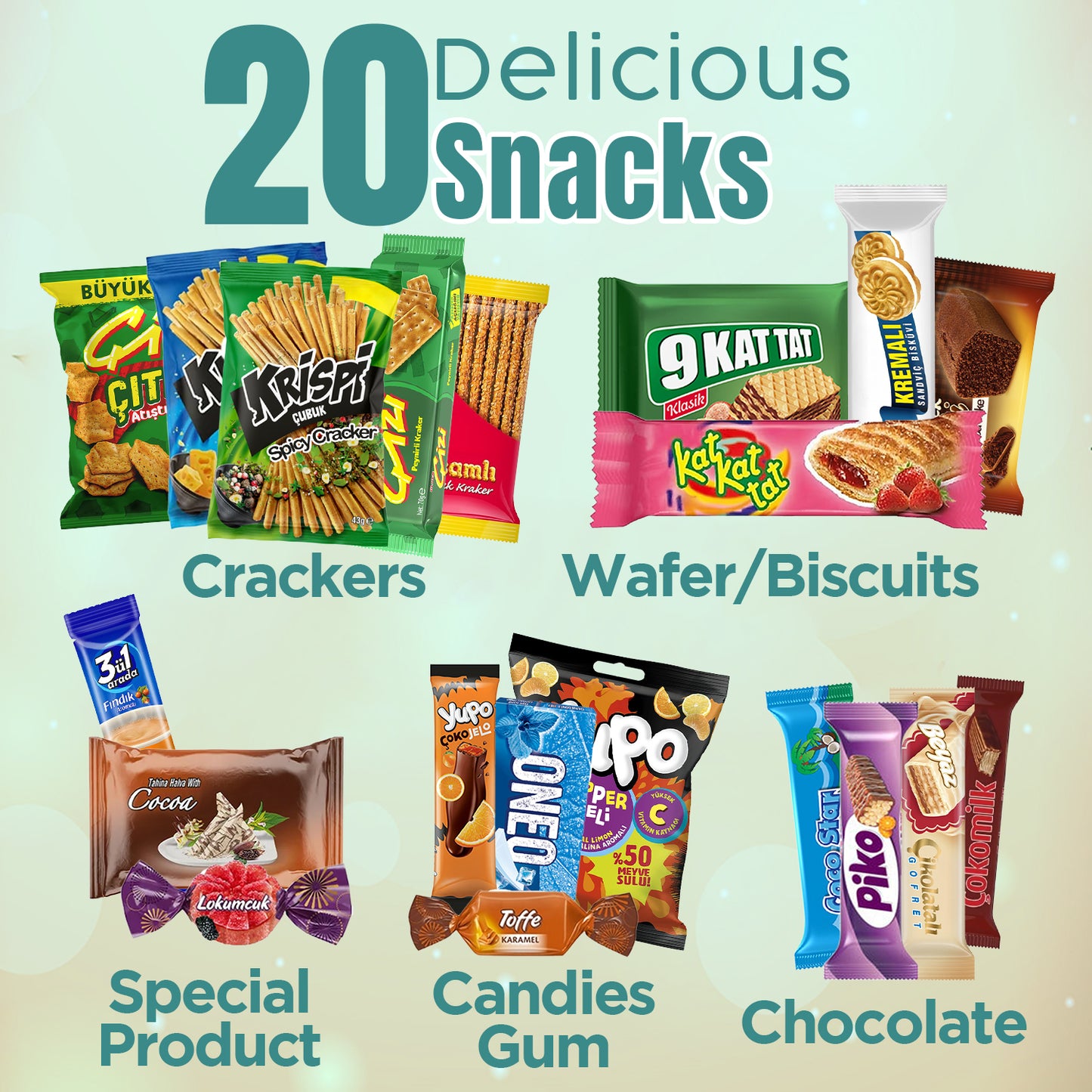 Assorted snack packages including crackers, wafer biscuits, candies, gum, and chocolate on a light green background.