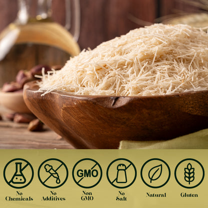 A wooden bowl holds Ceres Gourmet Shredded Kataifi—authentic, versatile, and ready-to-use 1.1 lb—ideal for Turkish pastries. Icons indicate its natural and free from chemicals, additives, GMOs, salt, and gluten.