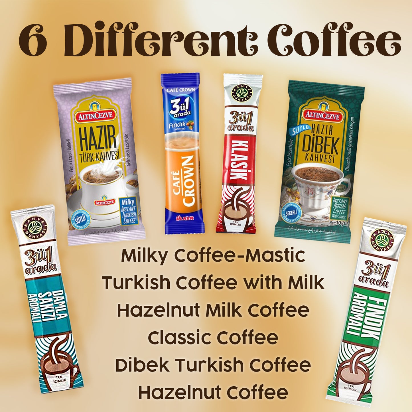 Various instant coffee packets with labels on a beige background