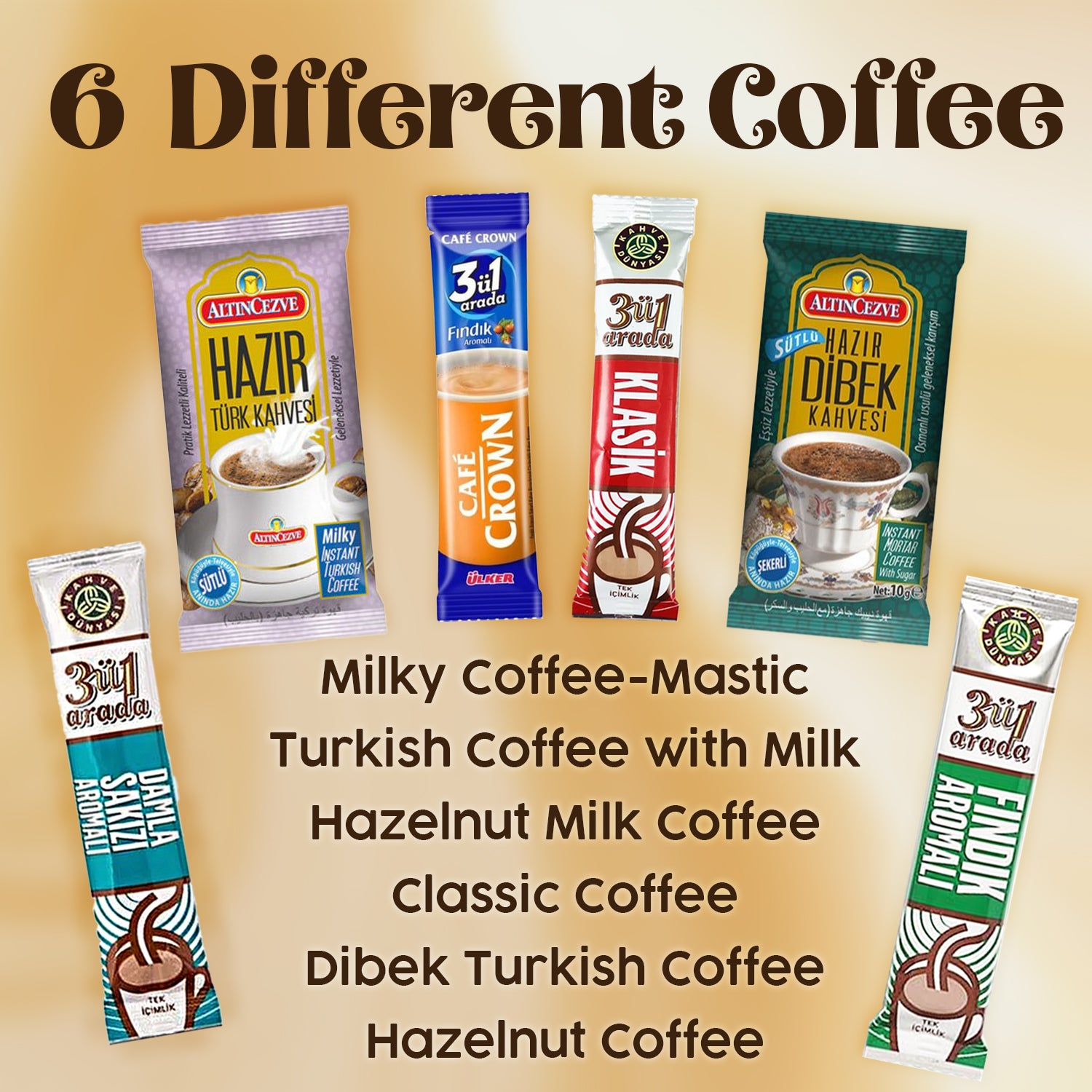 Various instant coffee packets with labels on a beige background