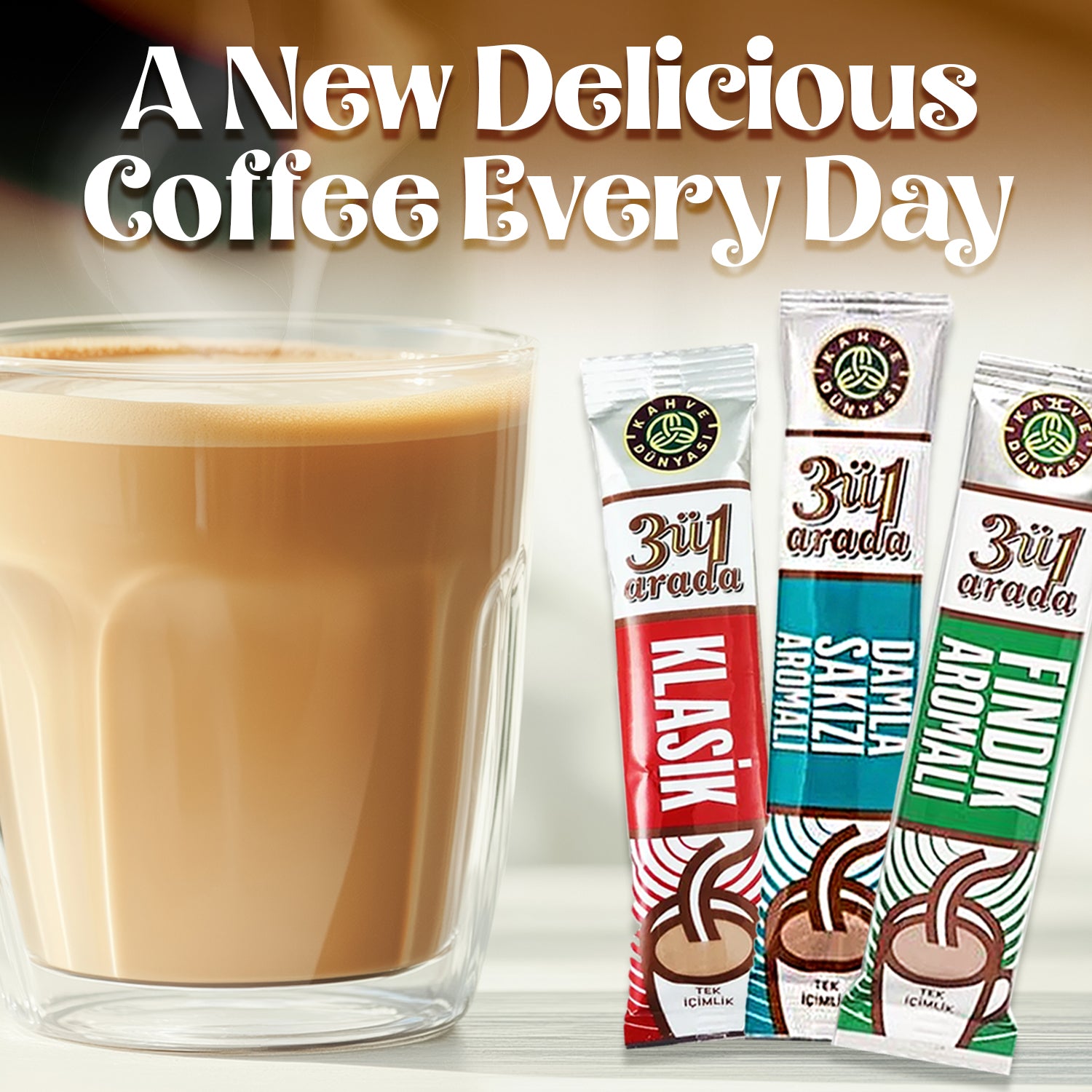 Glass of coffee with three coffee stick packages labeled '3şk arada' on a blurred background.