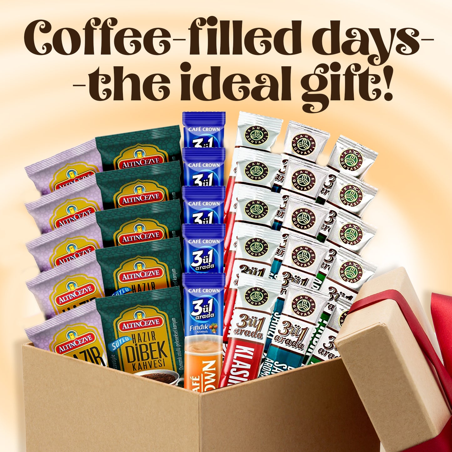 Box of coffee packets with text 'Coffee-filled days - the ideal gift!' on a beige background
