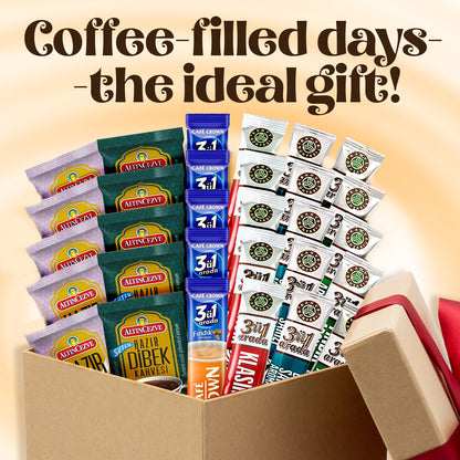 Box of coffee packets with text 'Coffee-filled days - the ideal gift!' on a beige background