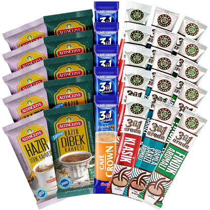 Collection of coffee and tea packaging from different brands on a white background