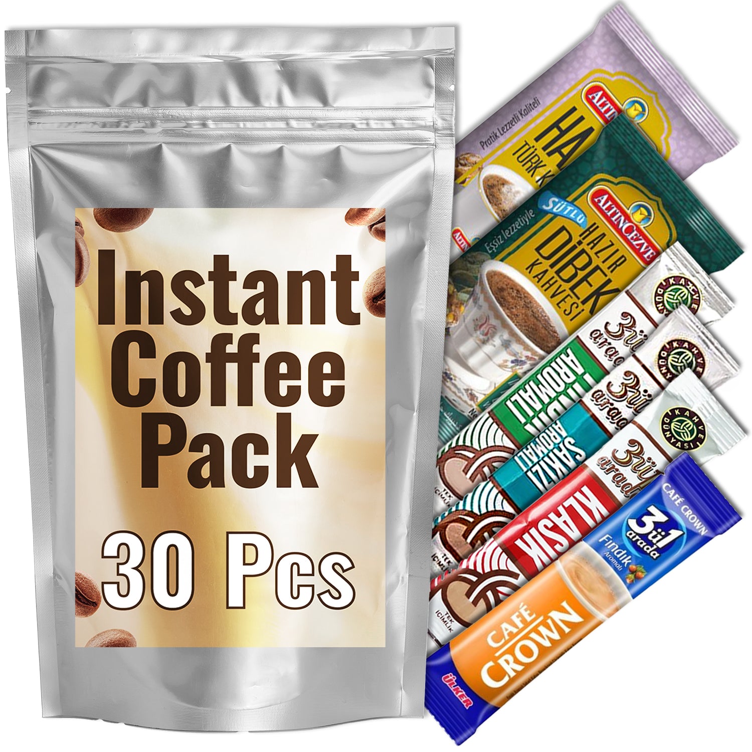 Instant coffee pack with 30 packets displayed on a white background