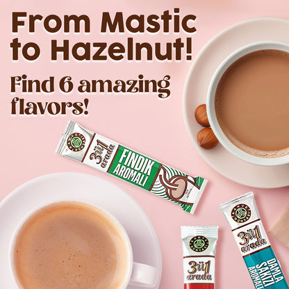 Cup of coffee with hazelnuts and Findik Aromali coffee sticks on a pink background