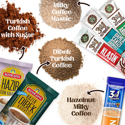 Various coffee products including packets and ground coffee with labels on a white background