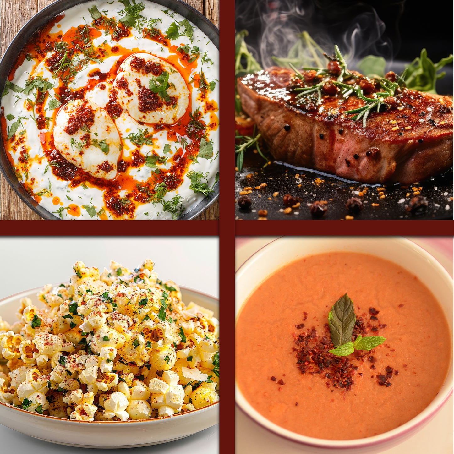 A four-image collage featuring poached eggs with Ceres Gourmet Premium Aleppo Pepper, grilled steak with rosemary, seasoned popcorn with gourmet spice, and creamy tomato soup garnished with herbs.