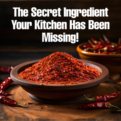 A wooden bowl of Ceres Gourmet Premium Aleppo Pepper 7 Oz, freshly ground for exquisite flavor and mild heat, sits on a rustic table with dried chili peppers. Text above reads: The Secret Ingredient Your Kitchen Has Been Missing!.