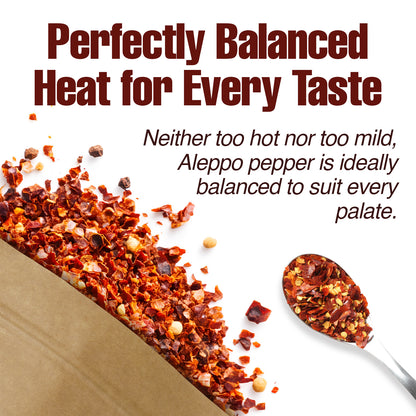 A close-up of Ceres Gourmet Premium Aleppo Pepper 7 Oz, freshly ground flakes spilling from a brown bag with a spoon, captures its exquisite flavor and mild heat. Text reads: Perfectly Balanced Heat for Every Taste.