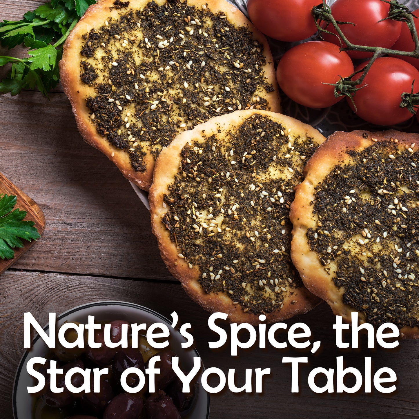 Three round flatbreads topped with Ceres Gourmet Zaatar Seasoning 7 oz, a Mediterranean spice blend, sit on a wooden table beside fresh tomatoes, herbs, and olives. Text: Nature’s Spice, the Star of Your Table.
