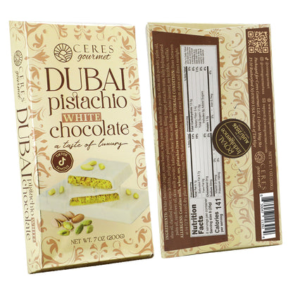 Ceres Gourmet Dubai Pistachio White Chocolate packaging with front and back views.