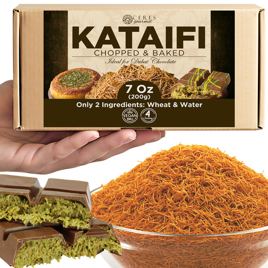 A hand holds a box of Ceres Gourmet Cooked & Chopped Kataifi for Dubai Chocolate, Ready-to-Use 7oz, with only wheat and water. Below are strands of kataifi and chocolate desserts filled with green pistachio cream.