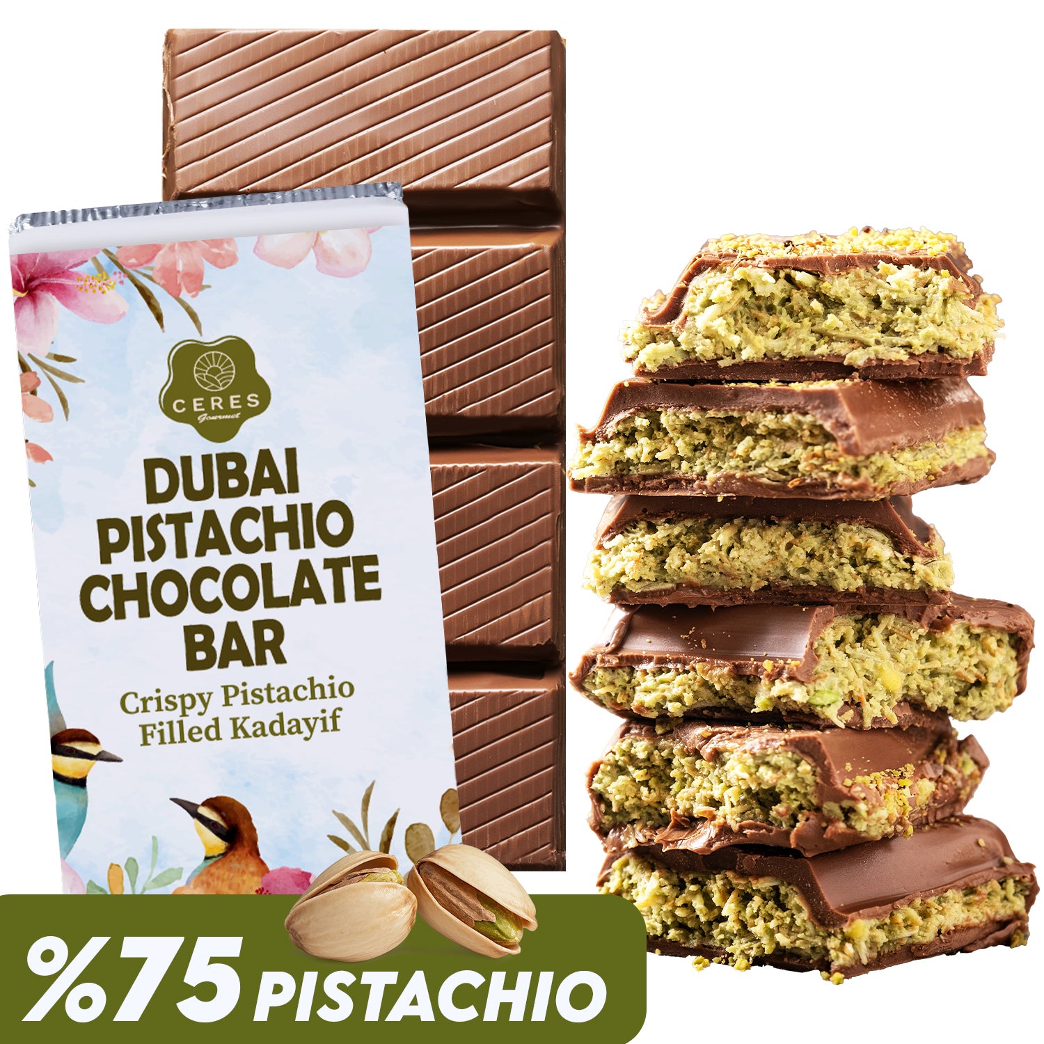 A Dubai pistachio chocolate bar, partially unwrapped, is shown next to stacked pieces revealing a crispy pistachio filling. A label highlights “75% pistachio” with an image of pistachios in the corner.