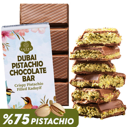 A Dubai pistachio chocolate bar, partially unwrapped, is shown next to stacked pieces revealing a crispy pistachio filling. A label highlights “75% pistachio” with an image of pistachios in the corner.