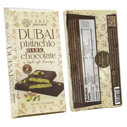 Ceres Gourmet Dubai Pistachio Dark Chocolate packaging with branding and product details.