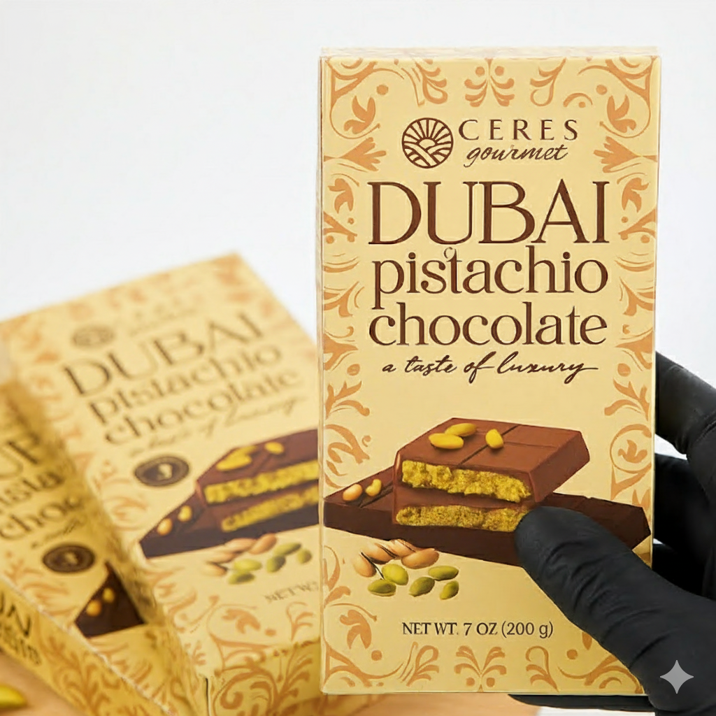 Ceres Dubai Pistachio Chocolate packaging held by a gloved hand on a light background