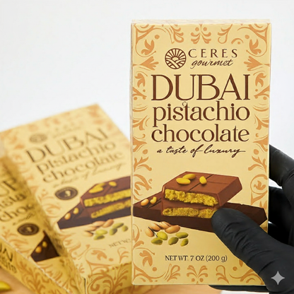 Ceres Dubai Pistachio Chocolate packaging held by a gloved hand on a light background