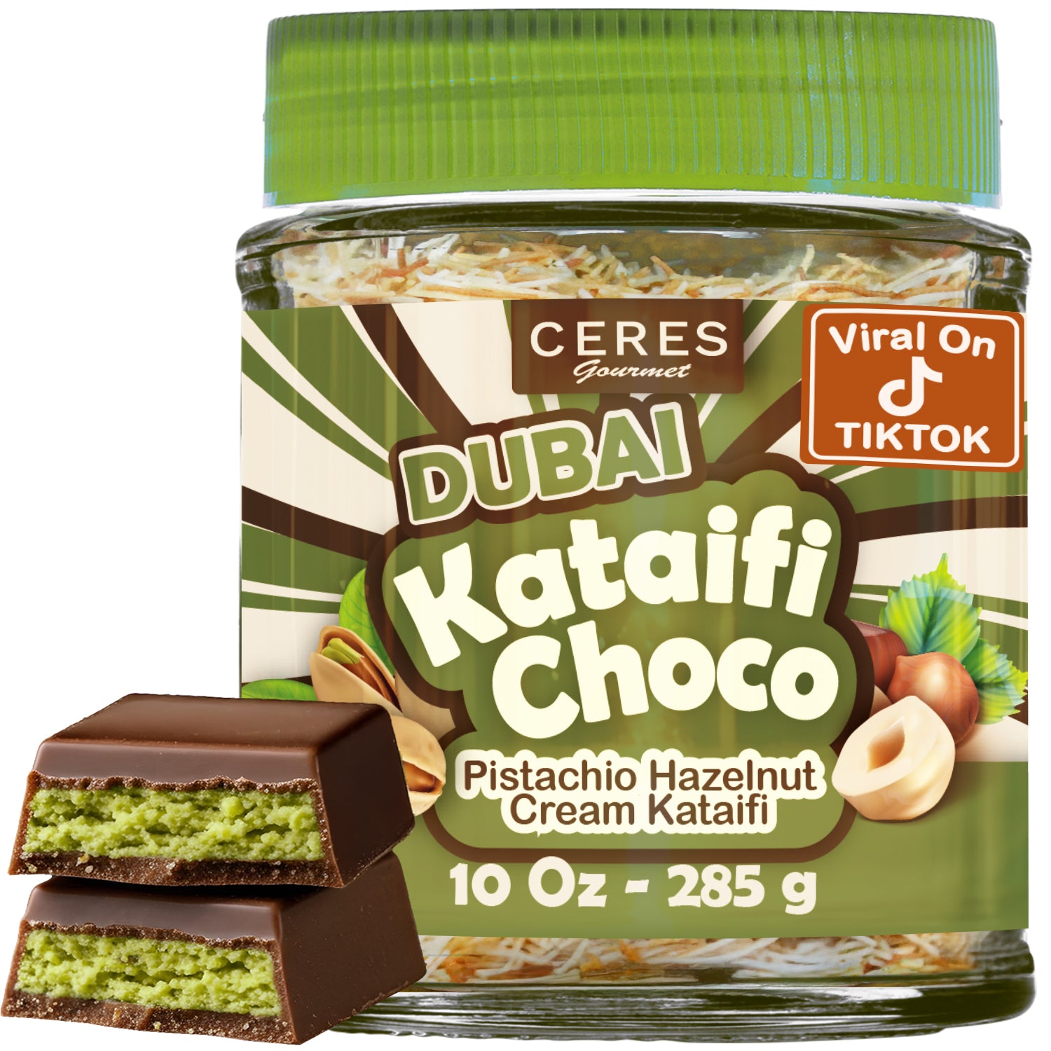 A jar labeled Ceres Gourmet Dubai Chocolate Jar - 10 oz features green and brown chocolate spread layers, sliced chocolate pieces, and a Viral On TikTok badge on the label.