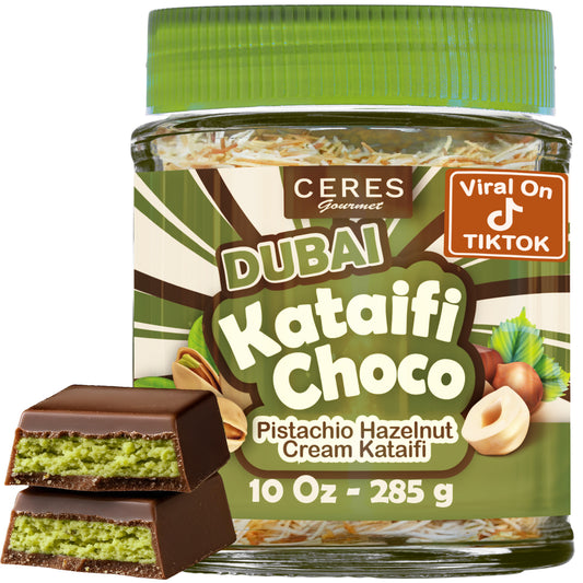 A jar labeled Ceres Gourmet Dubai Chocolate Jar - 10 oz features green and brown chocolate spread layers, sliced chocolate pieces, and a Viral On TikTok badge on the label.