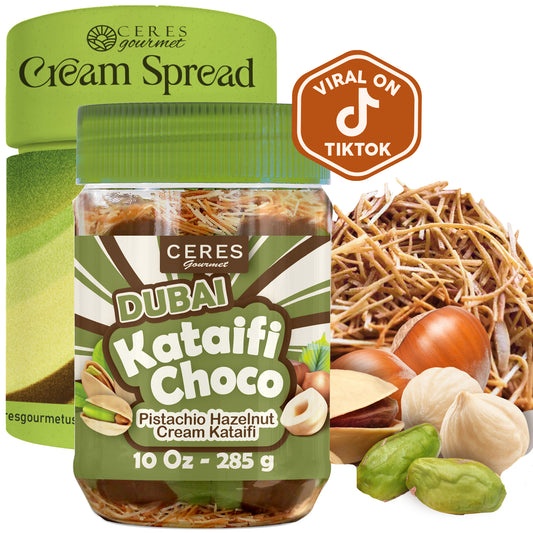 A 9.7 oz jar of Ceres Gourmet Dubai Spreadable Chocolate with Knafeh is featured in a green container alongside roasted phyllo, hazelnuts, pistachios, and a Viral on TikTok badge—the perfect new pistachio chocolate spread for you.