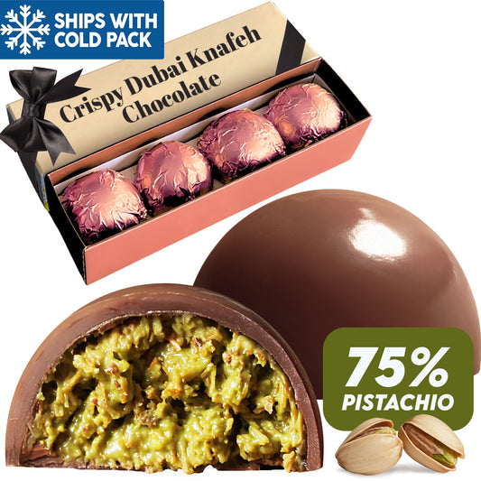 A box labeled Ceres Gourmet Dubai Pistachio Kunafa Chocolate Bite-Size Balls 5.6 Oz shows four pink-wrapped chocolates. One ball is sliced open to reveal a green pistachio filling, with a 75% pistachio label and nuts nearby.