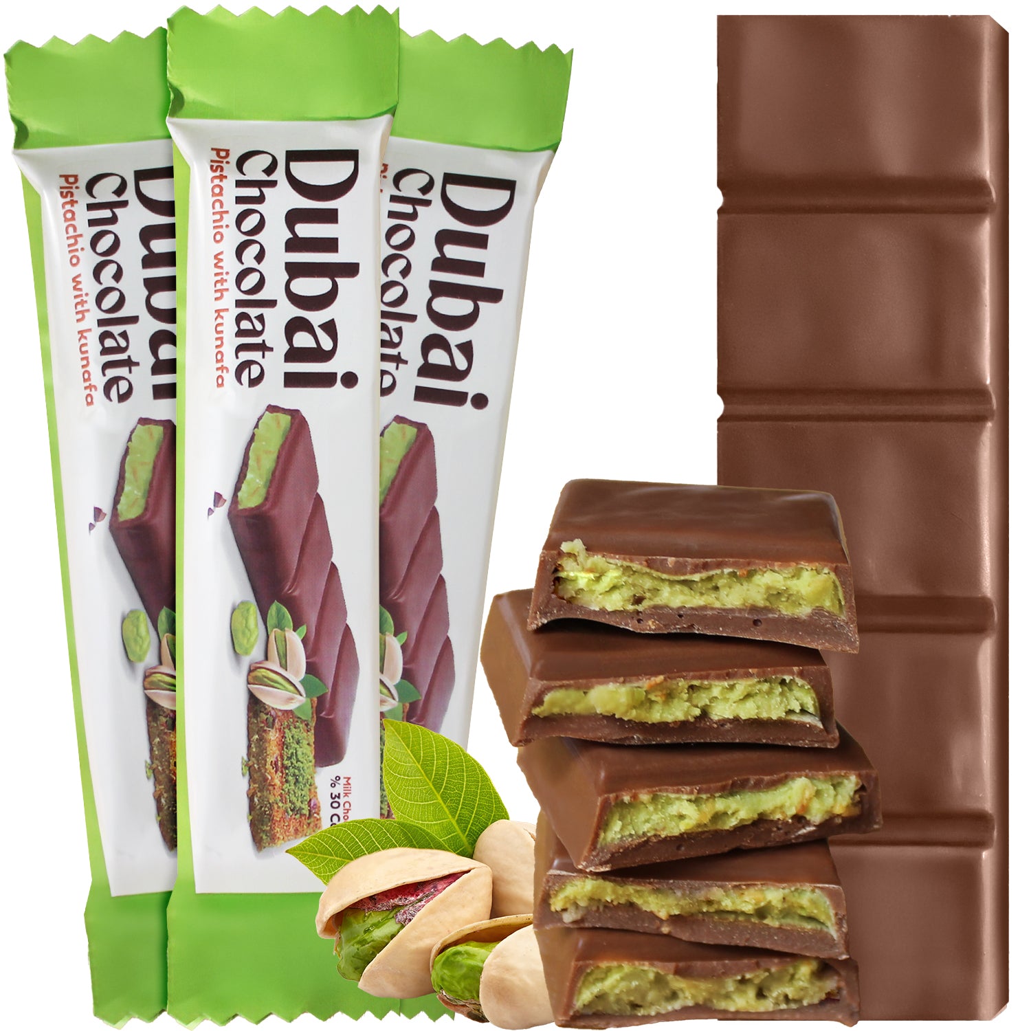Three Ceres Gourmet Dubai Chocolate Pistachio Kunafa Bars, each 1 oz and wrapped in green and white, display their square segments and pistachio filling, evoking a rich Middle Eastern dessert alongside pistachios and green leaves.