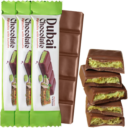 Ceres Gourmet Dubai Chocolate Pistachio Kunafa Bars (1 oz, 3-6-12 packs) are shown in green and white wrappers next to an unwrapped bar and pieces revealing a Middle Eastern dessert-inspired pistachio filling.