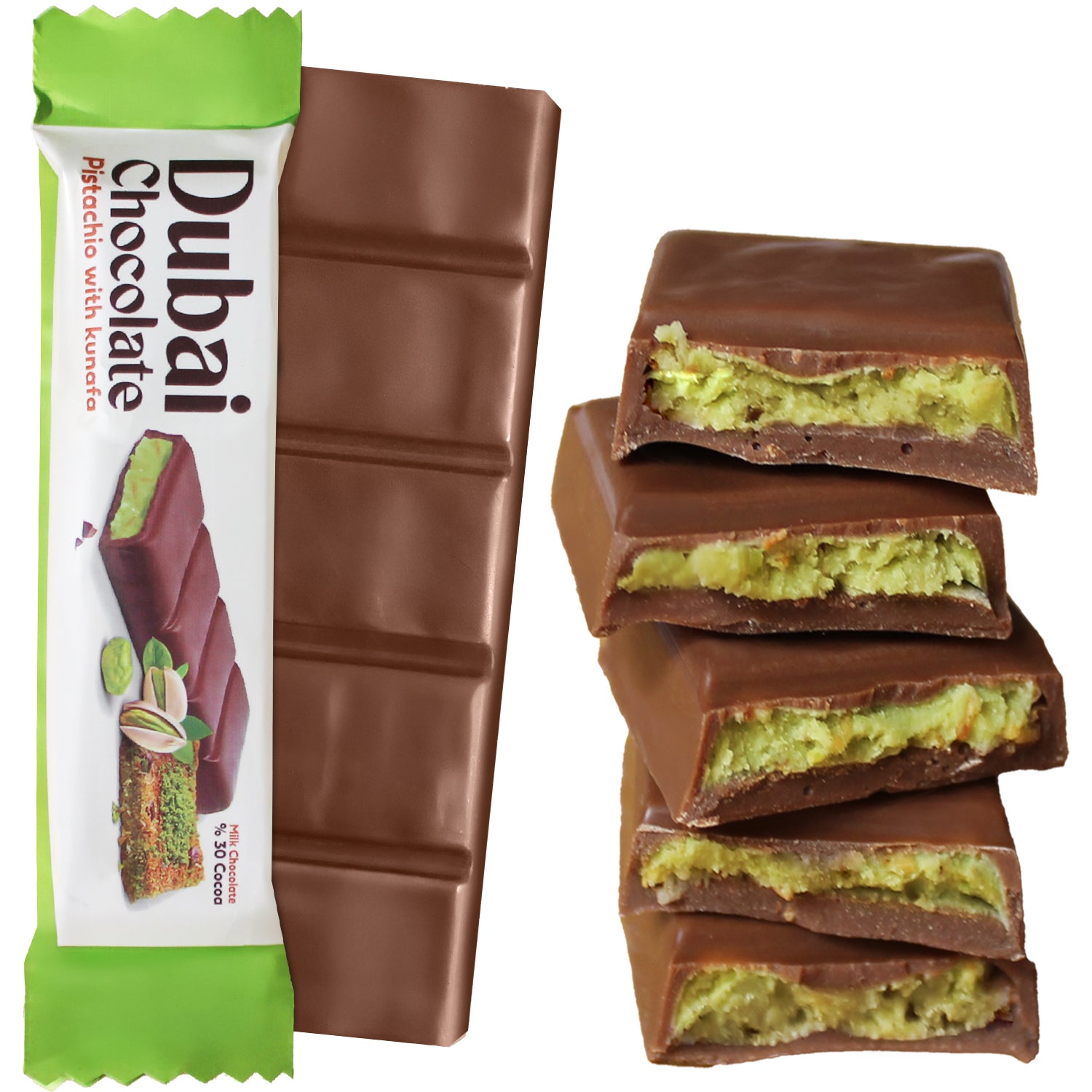 Ceres Gourmet’s Dubai Chocolate Pistachio Kunafa Bar (1 oz) is unwrapped beside green and white packaging, revealing a pistachio-filled milk chocolate inspired by Middle Eastern desserts; available in 3, 6, or 12 packs.