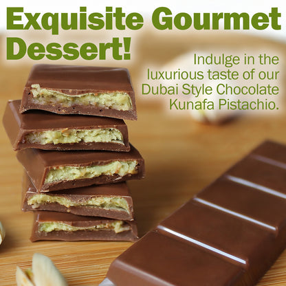 A stack of Ceres Gourmet Dubai Chocolate Pistachio Kunafa Bars (1 oz) sits on a wooden surface. Text: Exquisite Gourmet Dessert! Enjoy our Middle Eastern-inspired pistachio-filled chocolate bars—pure indulgence. Available in 3, 6, or 12 packs.