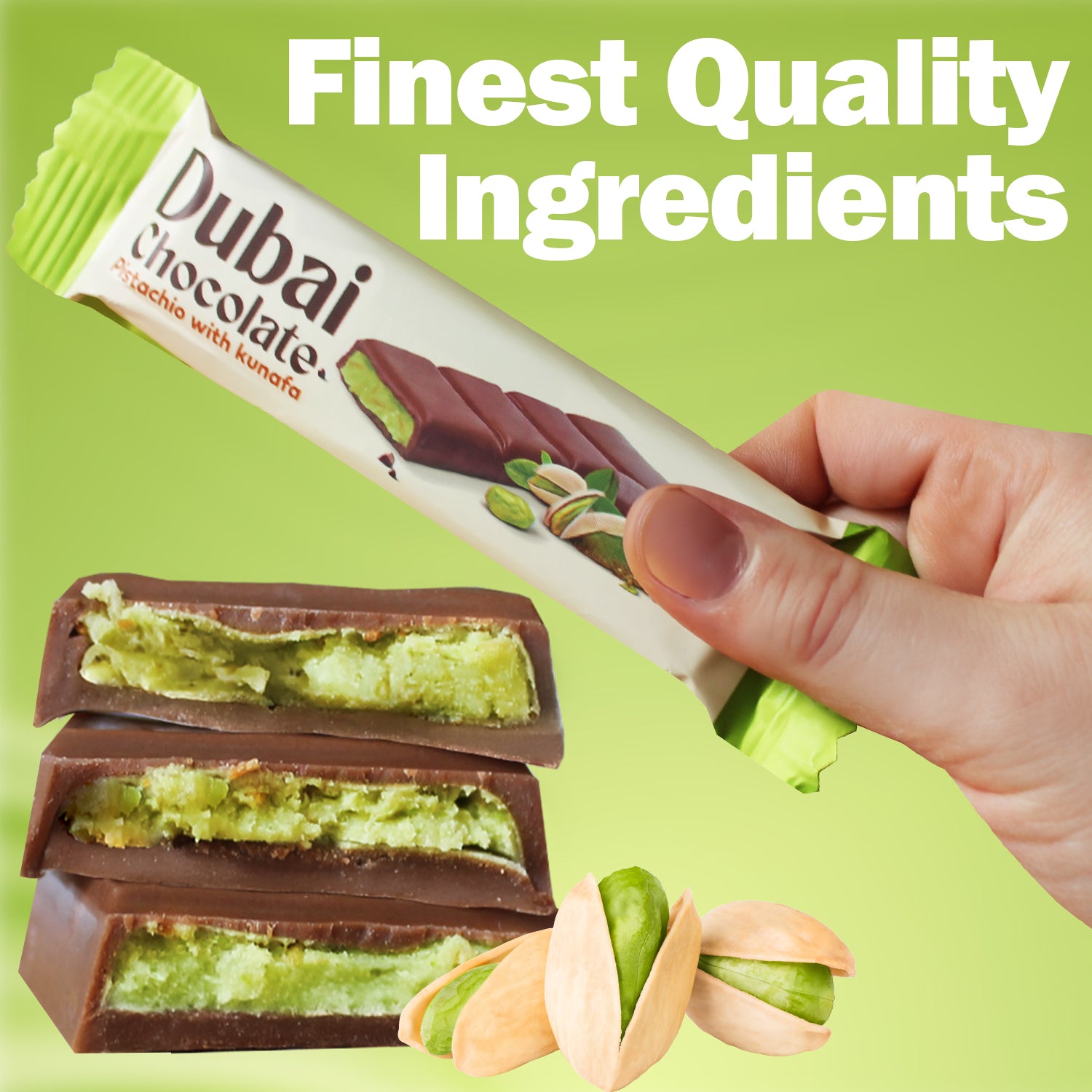 A hand holds a Ceres Gourmet Dubai Chocolate Pistachio Kunafa Bar, inspired by Middle Eastern desserts. The unwrapped 1 oz bar shows green pistachio filling and nuts on a green background. Text reads “Finest Quality Ingredients.” Available in 3-6-12 packs.