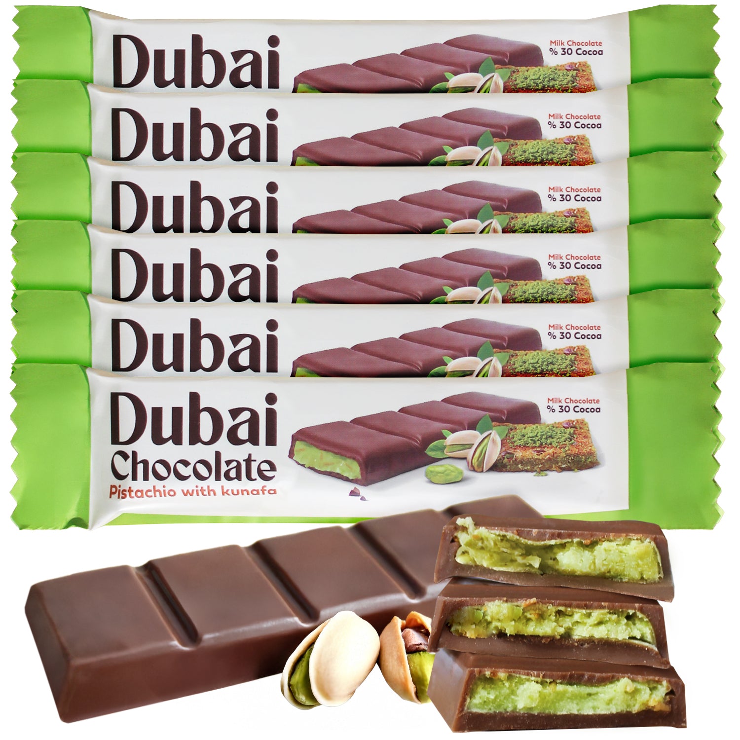 Five Ceres Gourmet Dubai Chocolate Pistachio Kunafa Bars (1 oz each) are stacked, with one unwrapped to show the green pistachio layer inside. Pistachios are also pictured—enjoy a true Middle Eastern dessert experience. Available in 3, 6, or 12 packs.
