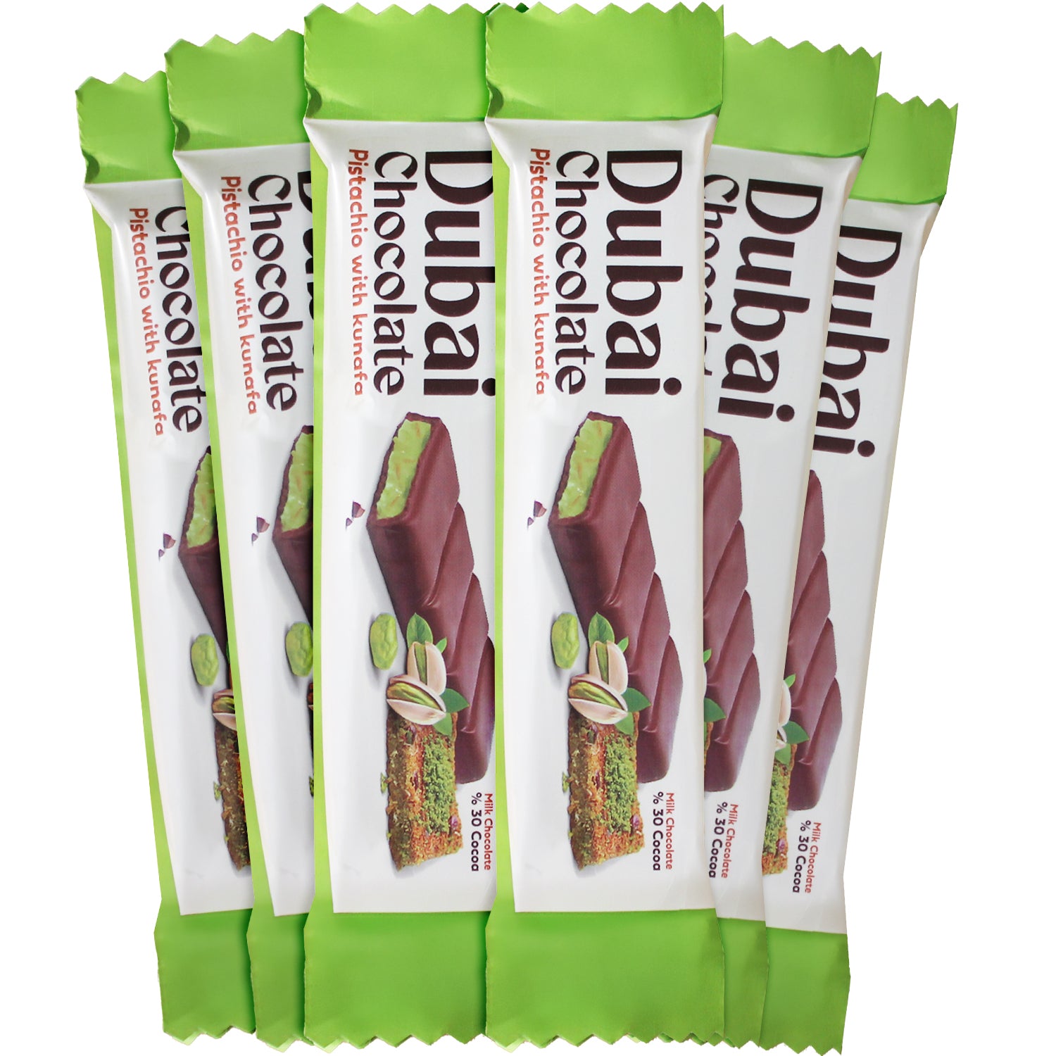 Six Ceres Gourmet Dubai Chocolate Pistachio Kunafa Bars, 1 oz each, in green and white wrappers. Inspired by Middle Eastern kunafa, these bars are filled with pistachios and kunafa. Available in packs of 3, 6, or 12.