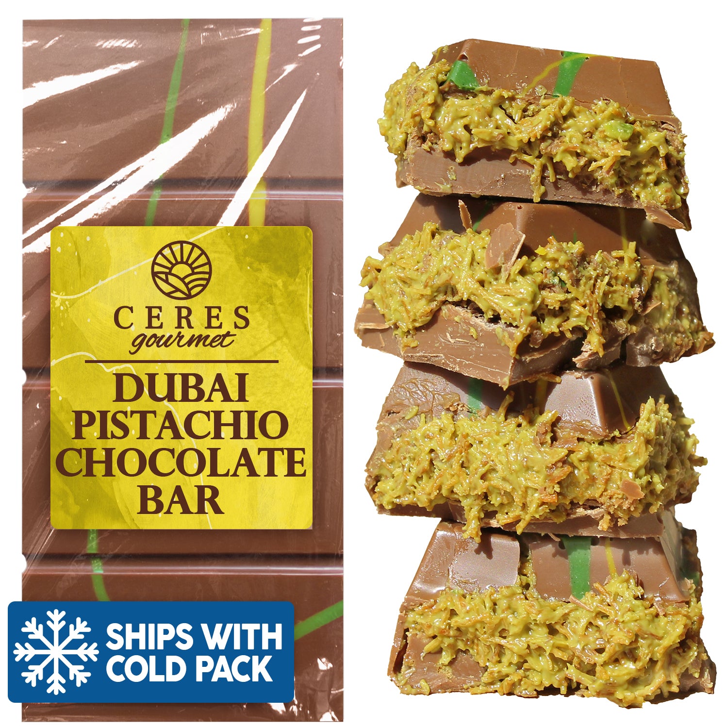 On the left is a Ceres Gourmet Dubai Chocolate Bar Pistachio with Milky Chocolate and Knafeh (3.5 oz) in packaging, and on the right, sliced pieces reveal green pistachio knafeh filling. A Ships with Cold Pack label appears at the bottom left.