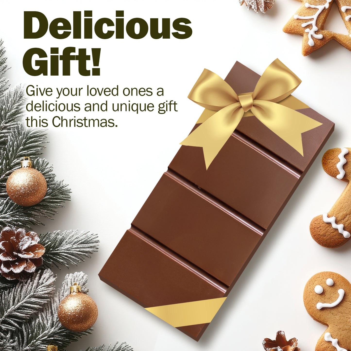A Ceres Gourmet Dubai Chocolate Bar Pistachio with Milky Chocolate and Knafeh sits among gingerbread cookies and frosted pine. Text reads: Delight your loved ones with a unique gift from Ceres Gourmet this Christmas!.