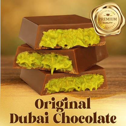 Three Ceres Gourmet Dubai Chocolate Bar Pistachio with Milky Chocolate and Knafeh (3.5 oz) pieces are stacked on wood, featuring a Premium Quality gold seal and "Original Dubai Chocolate" text below.