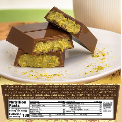 Three Dubai Chocolate Kataifi and Pistachio bars by Ceres Gourmet are stacked on a plate, showing rich greenish-yellow filling and ground pistachio garnish. Dark, white, and milky varieties included; ingredients and nutrition facts appear below.