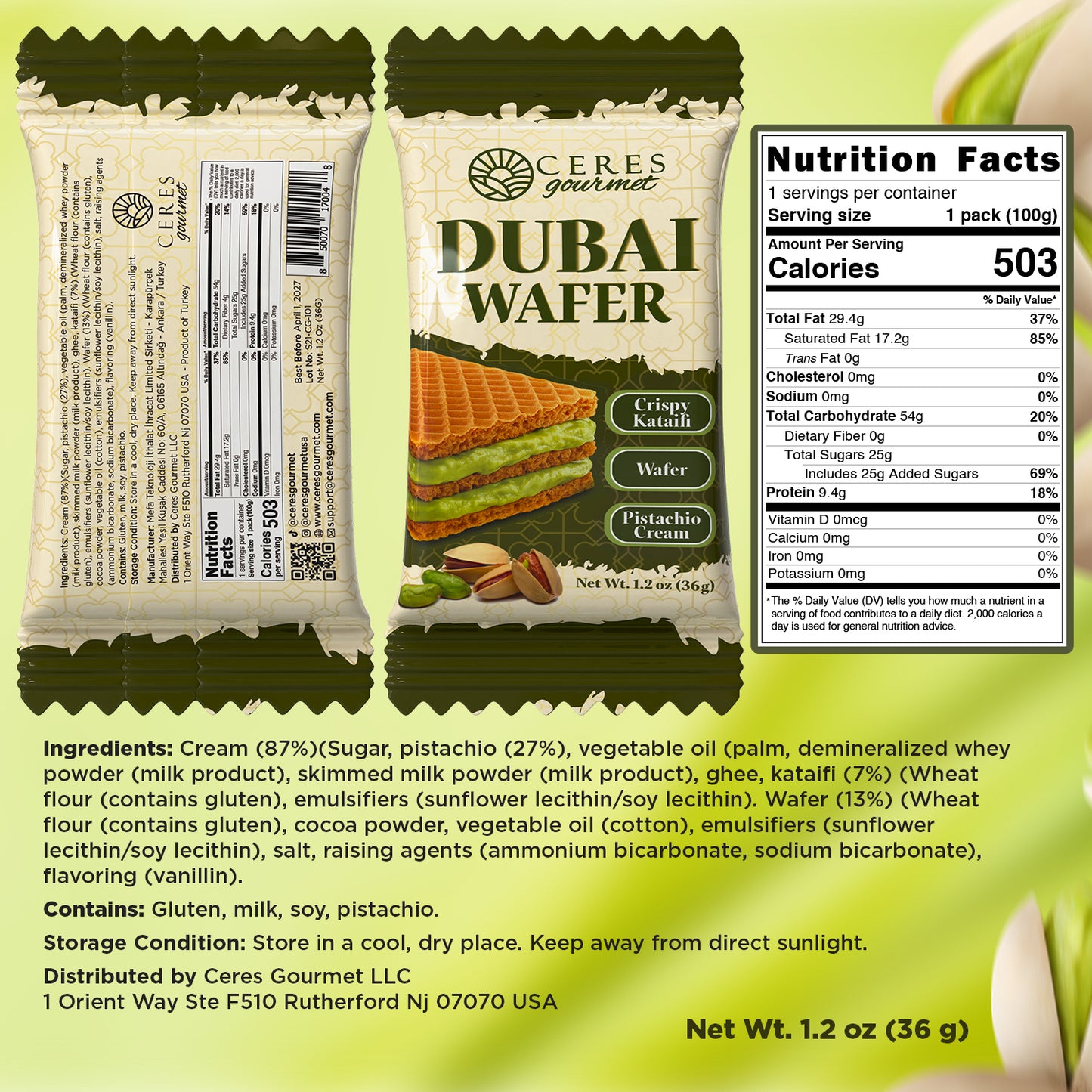 Dubai Chocolate Pistachio Wafer, 6 Pcs in Individually Pack