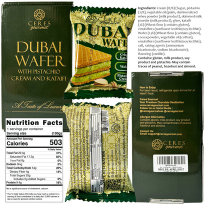 Ceres Gourmet Dubai Wafer packaging with various views including front, back, and nutrition facts.