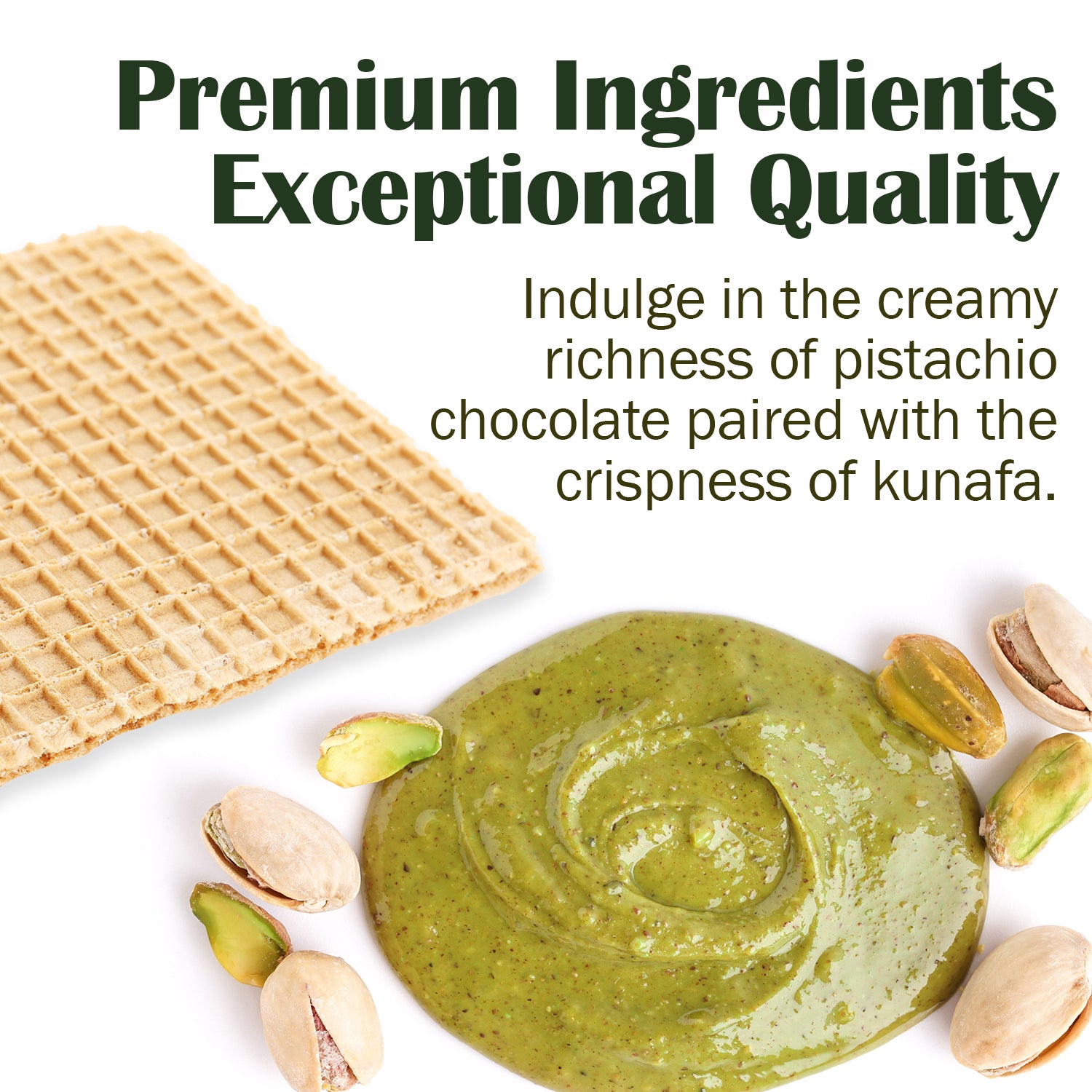 Green chocolate spread with pistachios and a waffle cookie on a white background.