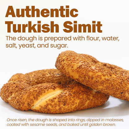 Authentic Turkish Simit with text about its preparation on a white background