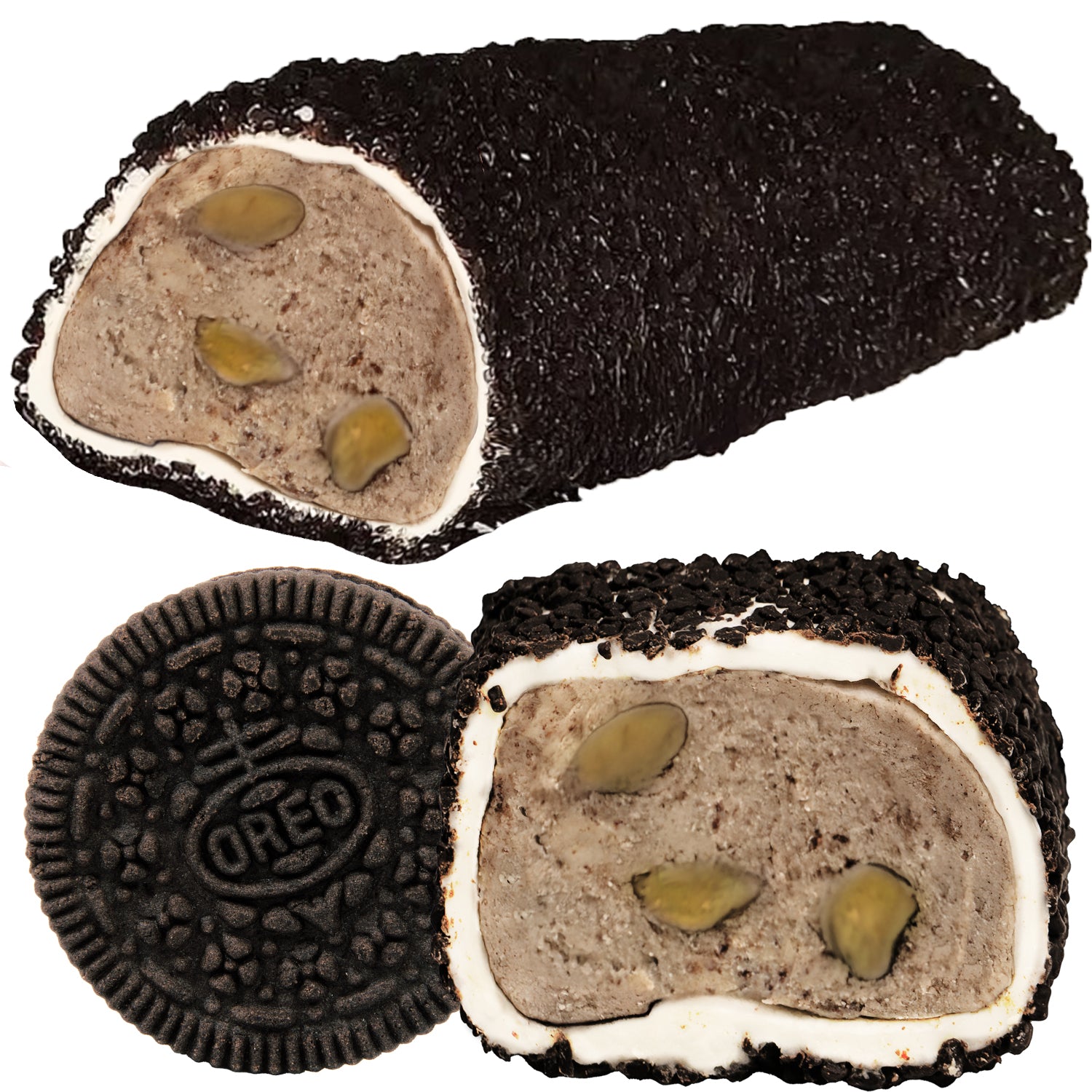Ceres Gourmet’s Turkish Delight Candy Authentic Sweets Lokum, Oreo & Lotus Flavored, features a dark shell coated in Oreo cookies and filled with cookies and cream ricotta and pistachios—reminiscent of an indulgent dessert.
