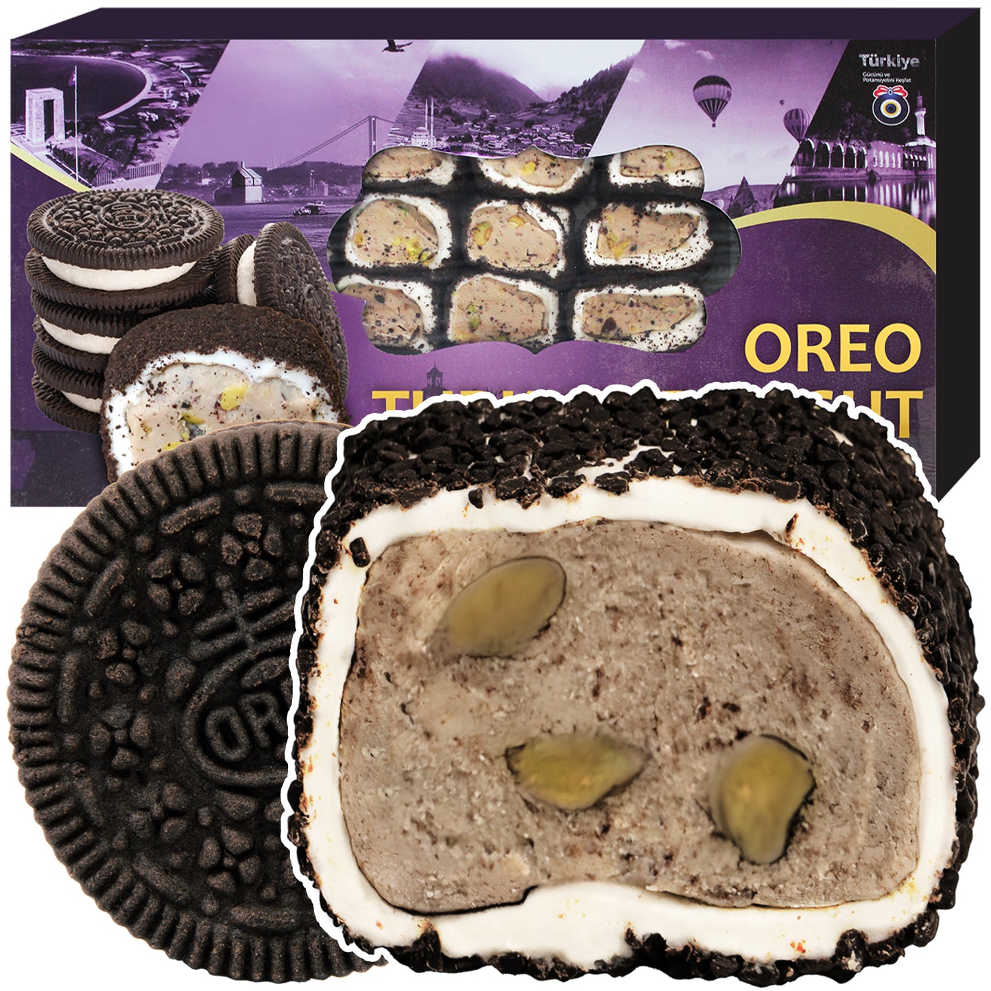 A Ceres Gourmet Turkish Delight Candy Authentic Sweets Lokum Oreo & Lotus Flavored box rests before a Turkish scene, with Oreo cookies and sliced lokum revealing creamy filling, pistachios, and an Oreo crumb coating.