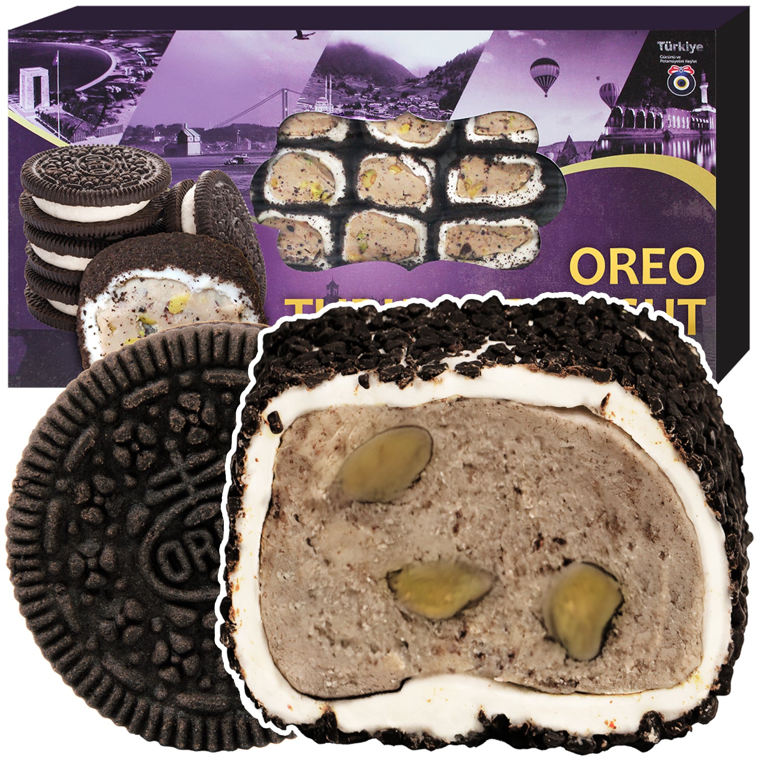 A Ceres Gourmet Turkish Delight Candy Authentic Sweets Lokum Oreo & Lotus Flavored box rests before a Turkish scene, with Oreo cookies and sliced lokum revealing creamy filling, pistachios, and an Oreo crumb coating.