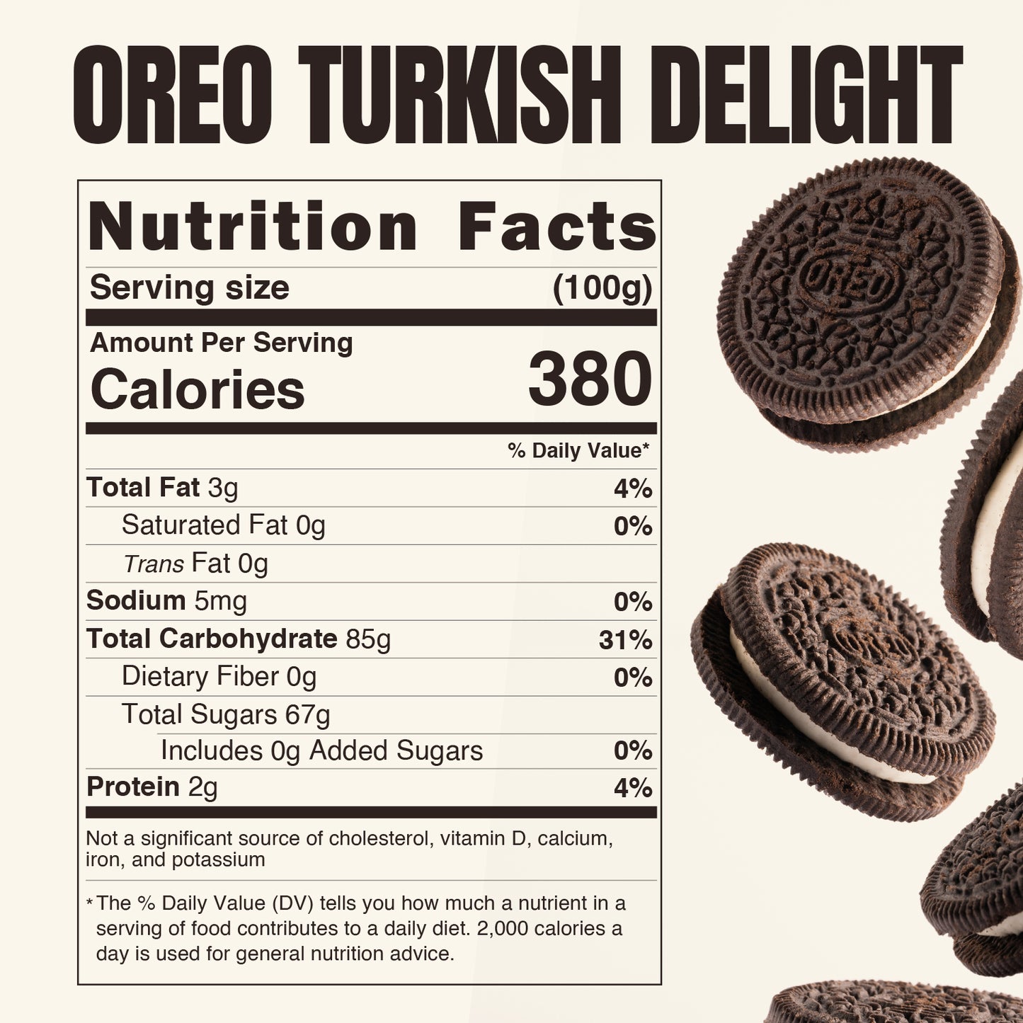 Ceres Gourmet Turkish Delight Candy Authentic Sweets Lokum Oreo & Lotus Flavored: 30g serving, 130 calories, 3g fat per serving, 67g total sugars per package. Features Oreo cookies on a light background—a sweet twist for any gift box.