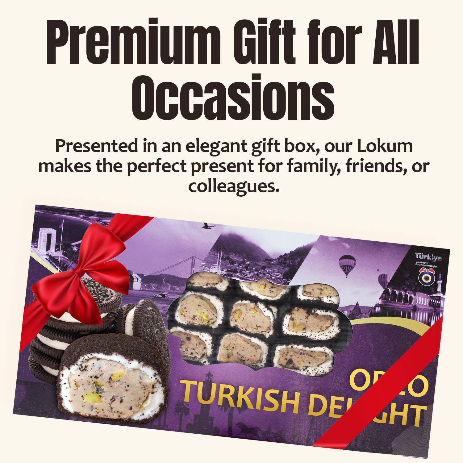 The Ceres Gourmet Turkish Delight Candy Authentic Sweets Gift Box, flavored with Oreo & Lotus, is shown with a red ribbon and scenic Turkish backdrop, promoted as a premium treat for any occasion.