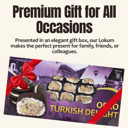 The Ceres Gourmet Turkish Delight Candy Authentic Sweets Gift Box, flavored with Oreo & Lotus, is shown with a red ribbon and scenic Turkish backdrop, promoted as a premium treat for any occasion.