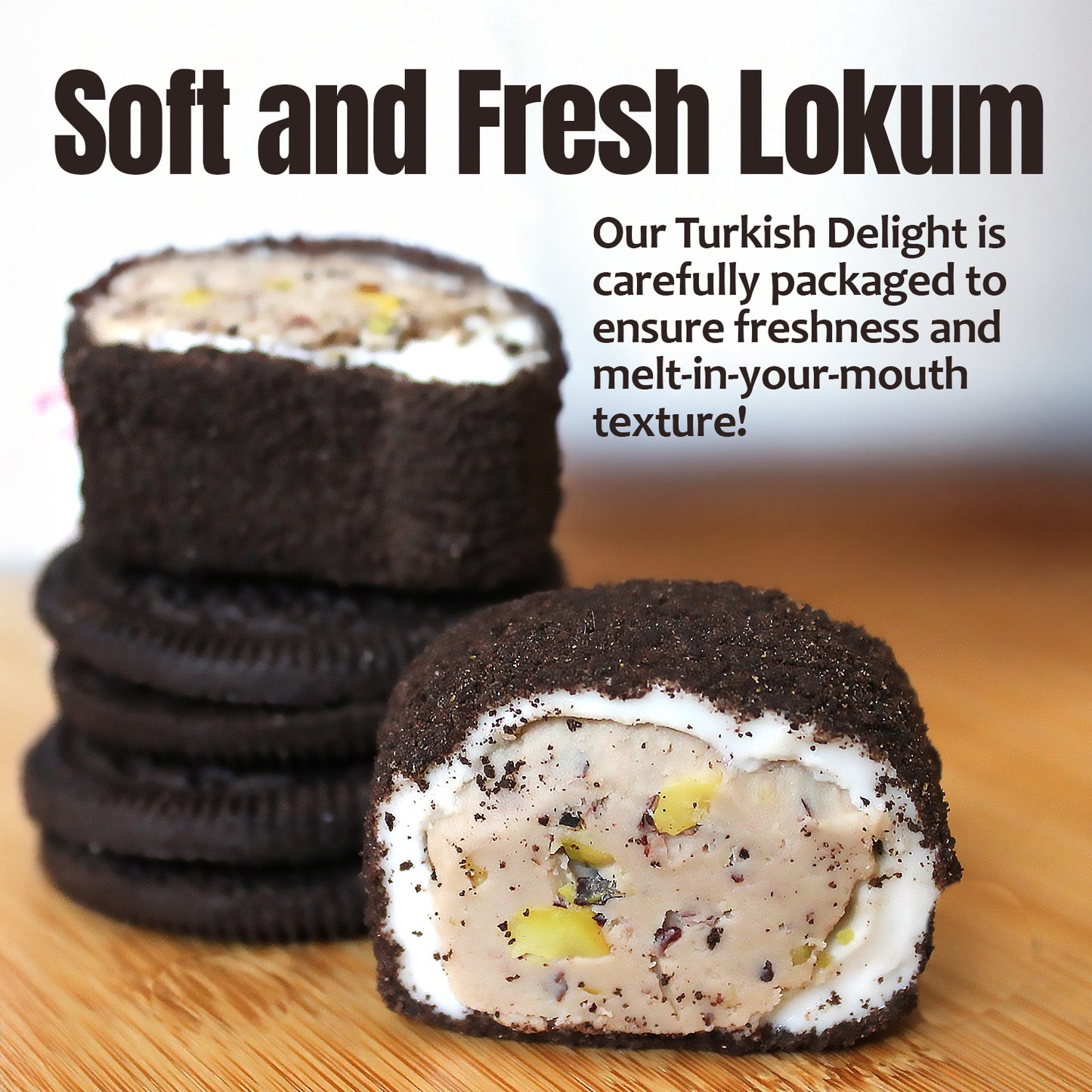 A close-up of Ceres Gourmet Turkish Delight Candy Authentic Sweets Lokum with Oreo & Lotus flavor shows its creamy, nutty filling and cookie crumb coating—a soft, fresh treat ideal for any gourmet gift box.