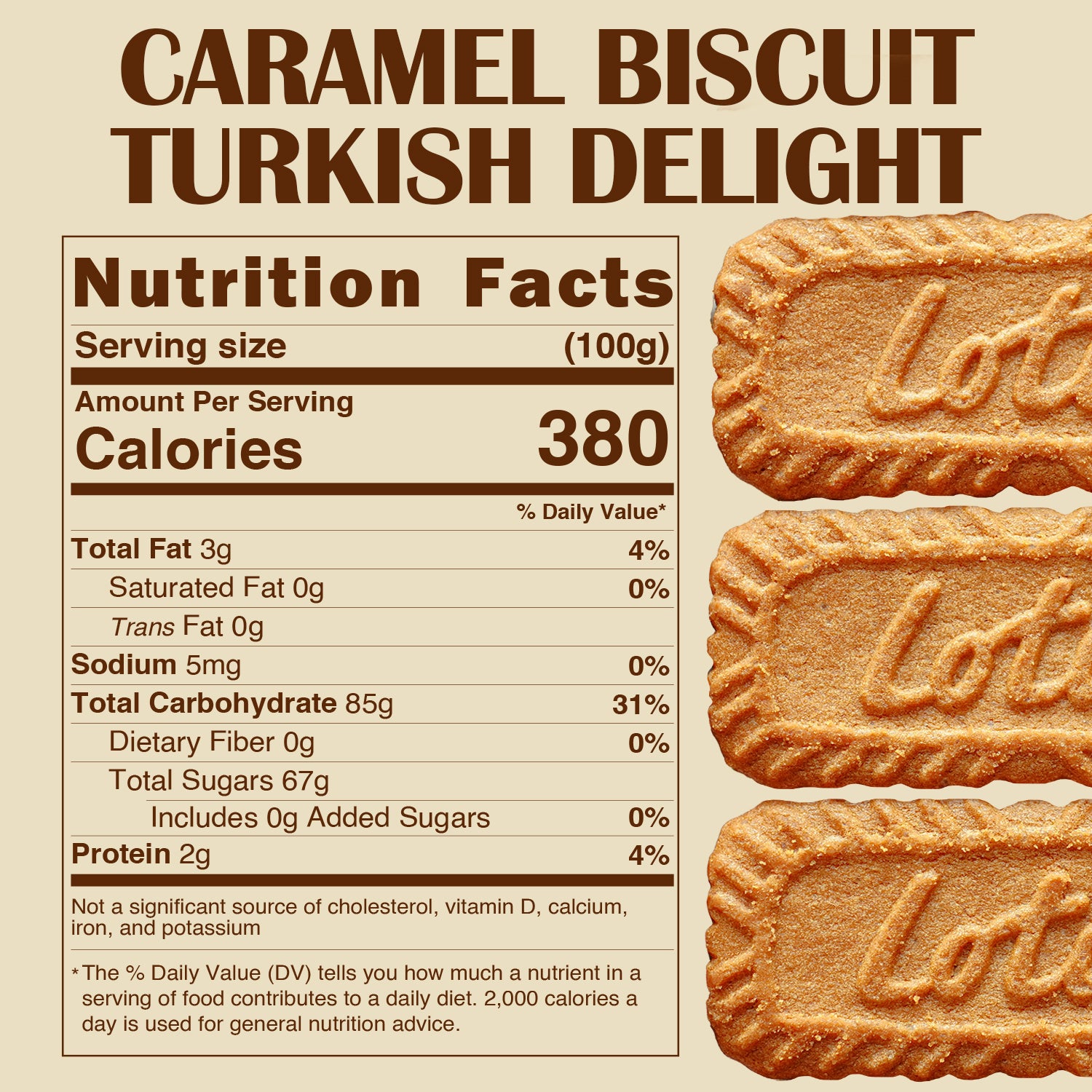 Three caramel biscuits embossed with Lotus are stacked on the right. On the left, Ceres Gourmet’s Turkish Delight Candy Oreo & Lotus flavor shows 380 calories, 3g fat, 85g carbs, 67g sugar, and 2g protein per 100g serving.